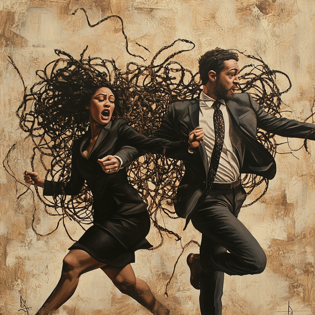 Multiracial Business Duo Escaping Tangled Chaos