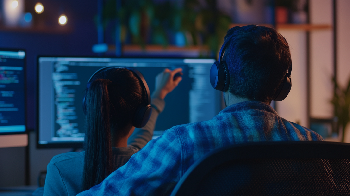 Multiracial male and female developers coding together at night.