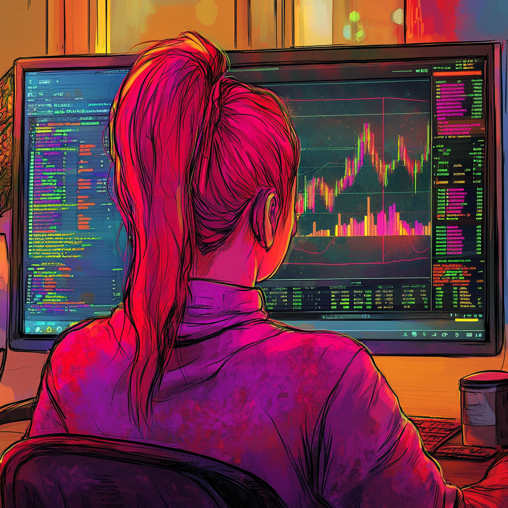 Muppet-style Pinkish Red Female Viewing Trippy Crypto Chart 