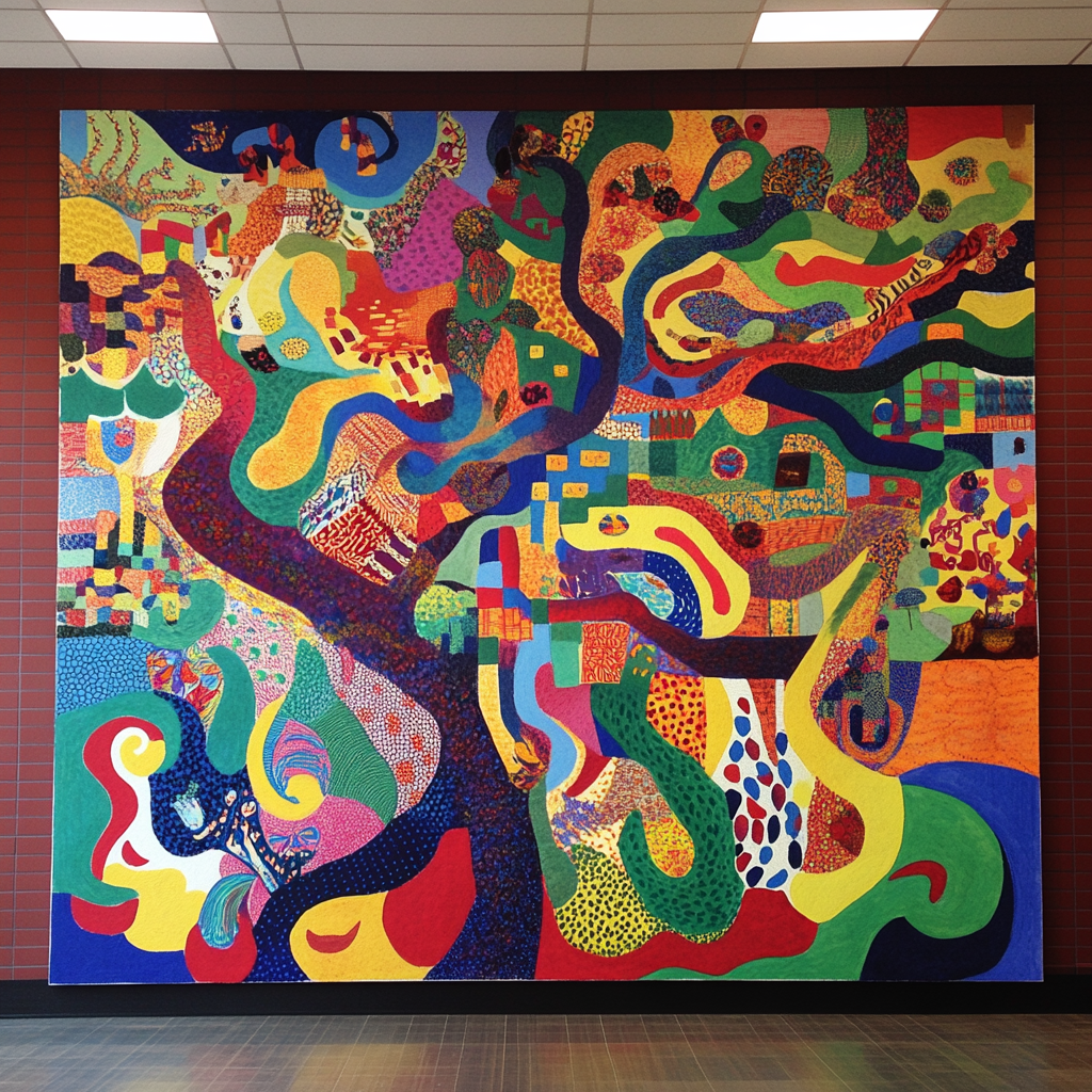 Mural with diverse patterns, cultural motifs and student expression.