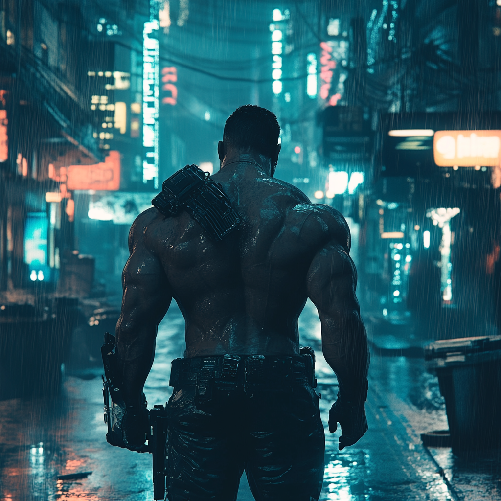 Muscled man in dark futuristic city, cinematic lighting 