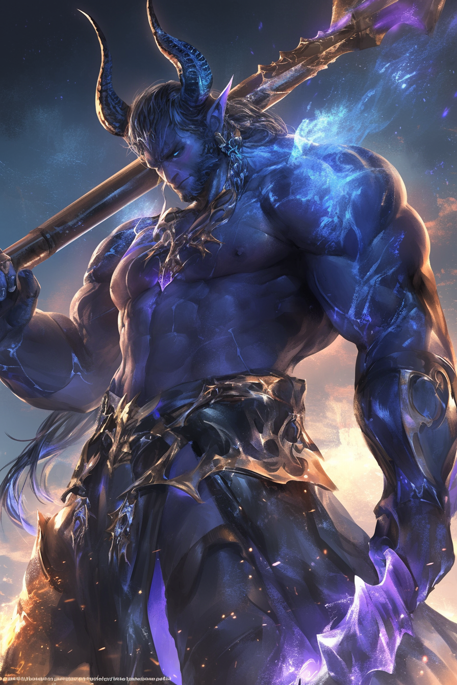 Muscular, handsome Orion wielding spear in detailed anime art.