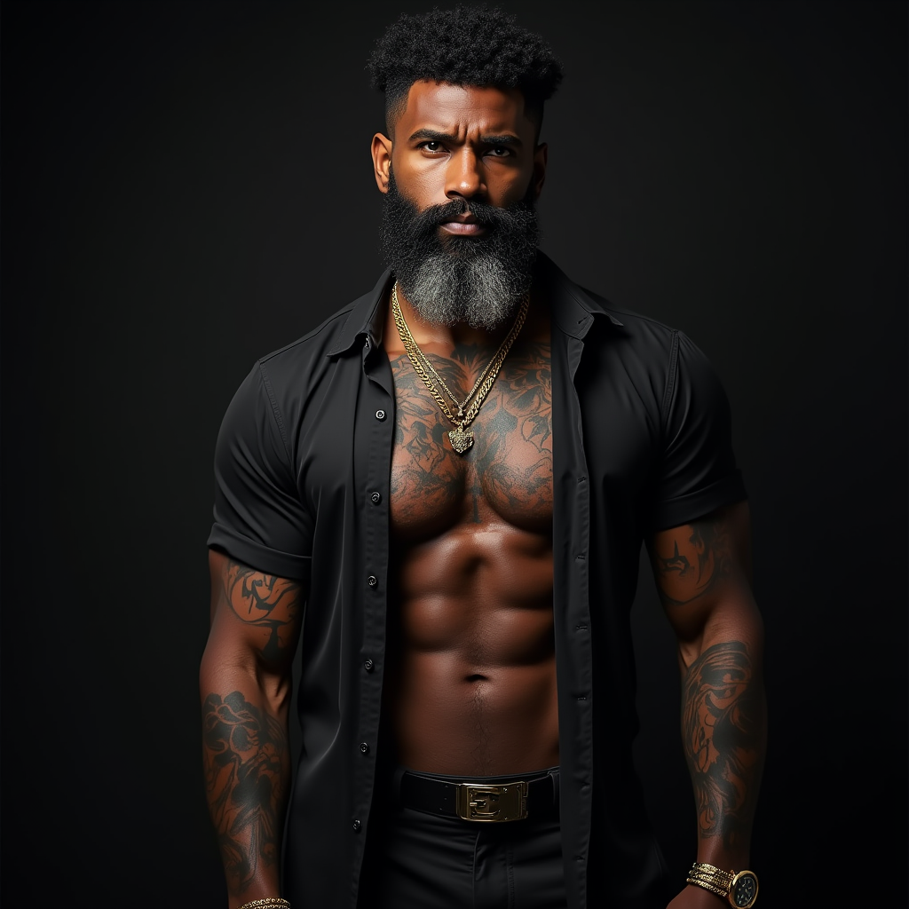 Muscular African American Man with Tattoos and Chain