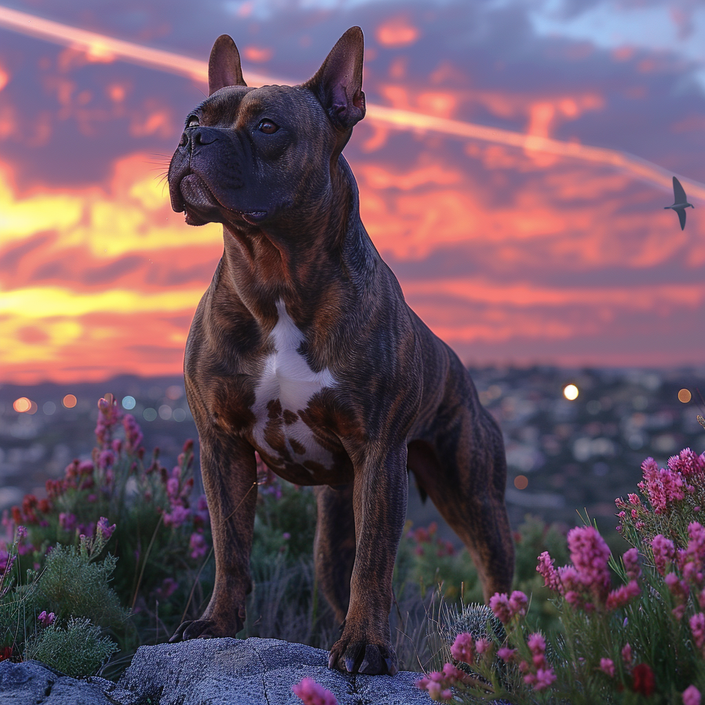 Muscular American Bully Dog at Majestic Sunset Landscape