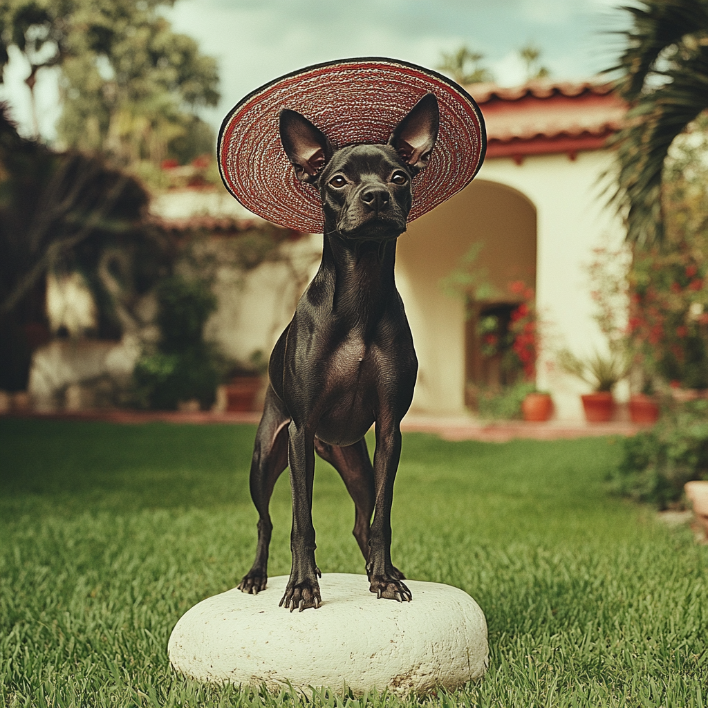 Muscular Black Xoloitzcuintle in Mexican Hat on Stone 