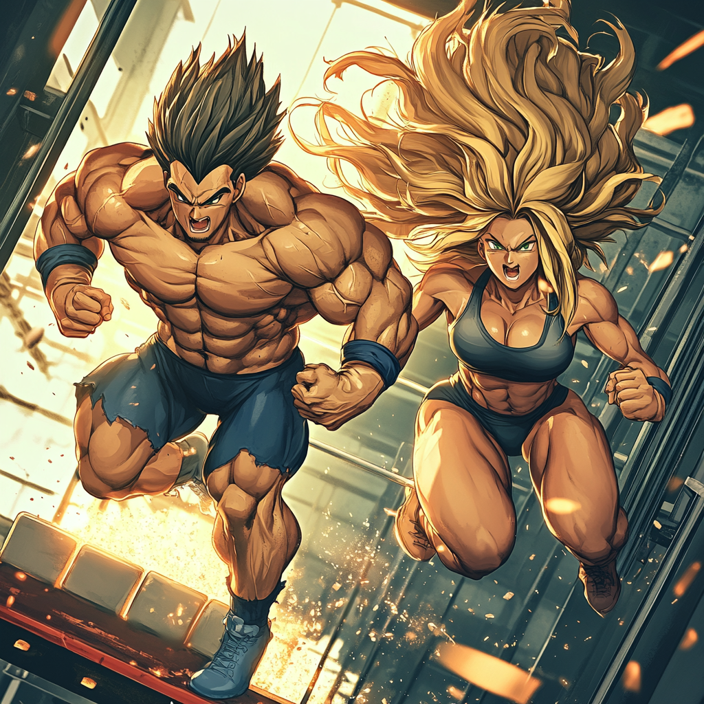 Muscular CrossFit athletes leap with dynamic Dragon Ball energy.