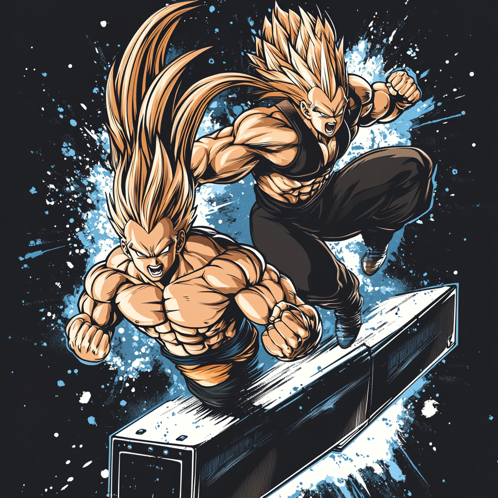 Muscular CrossFit athletes mid-air in Dragon Ball Z style.