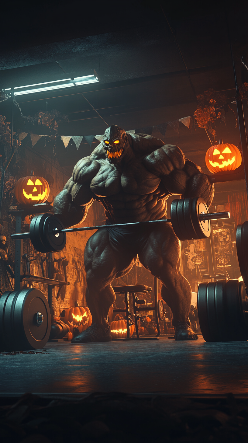 Muscular Halloween Monster Working Out in Spooky Gym