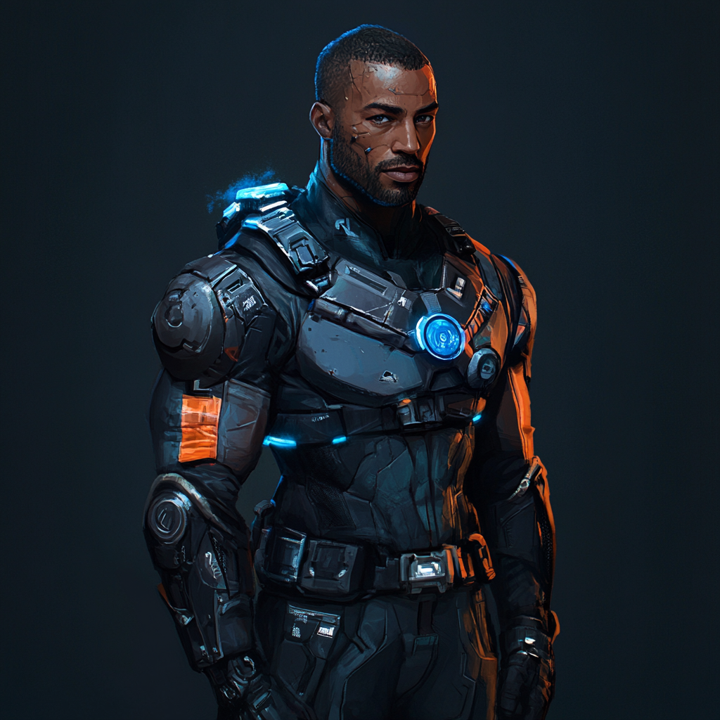 Muscular Sci-Fi Hero with Dark Skin and Blue Eyes