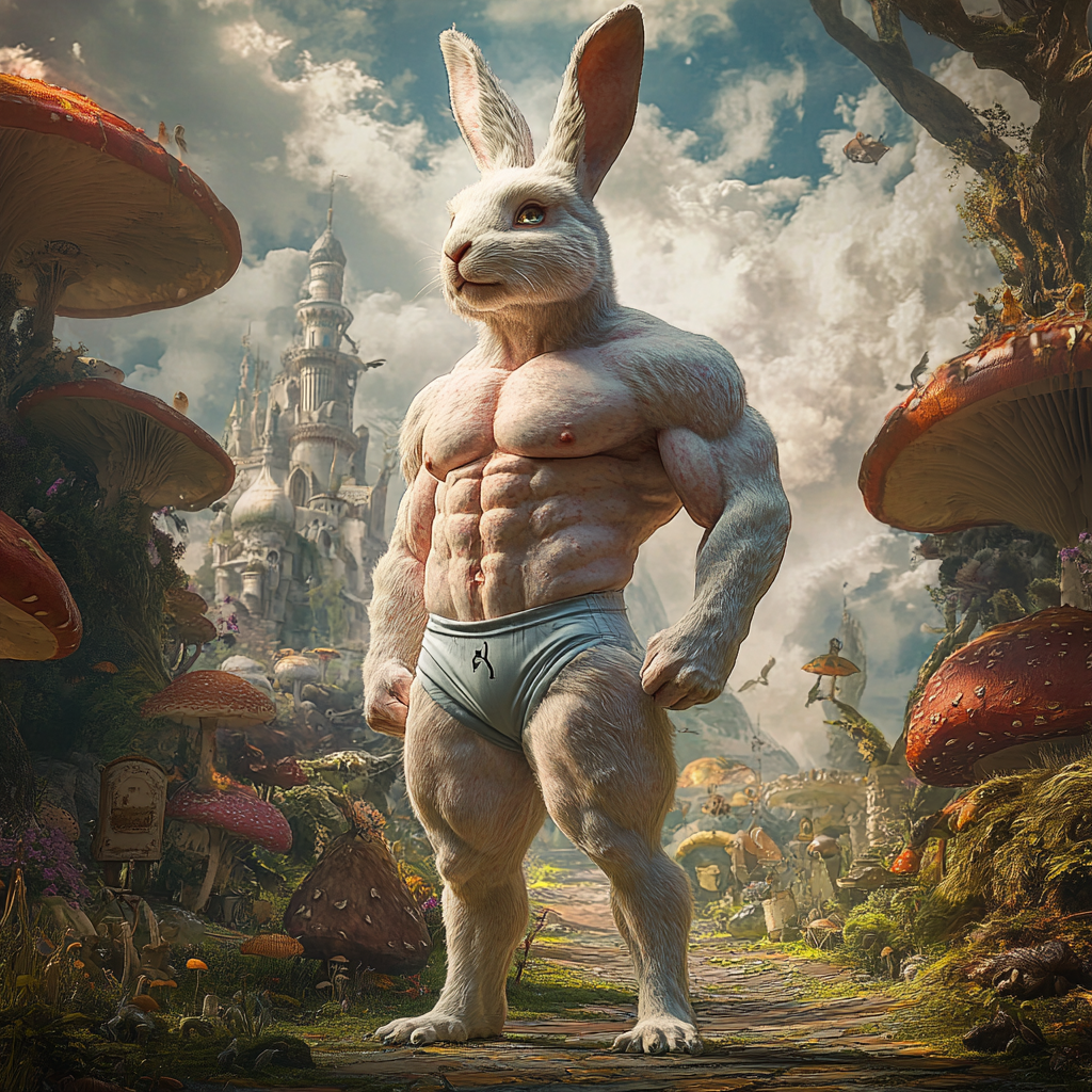 Muscular White Rabbit in Gym Clothes in Wonderland