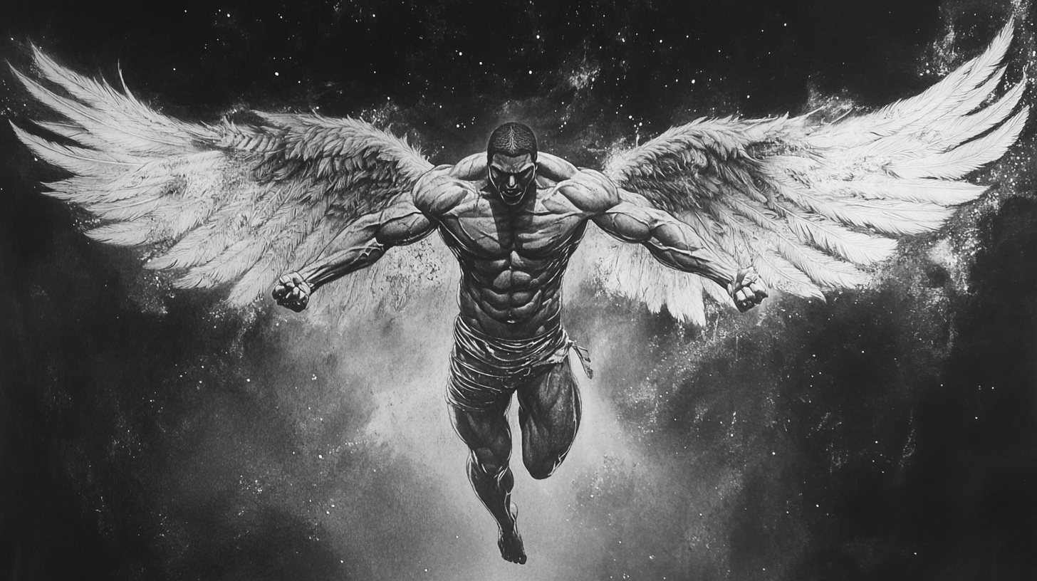 Muscular angel, fierce and determined, flying through space.