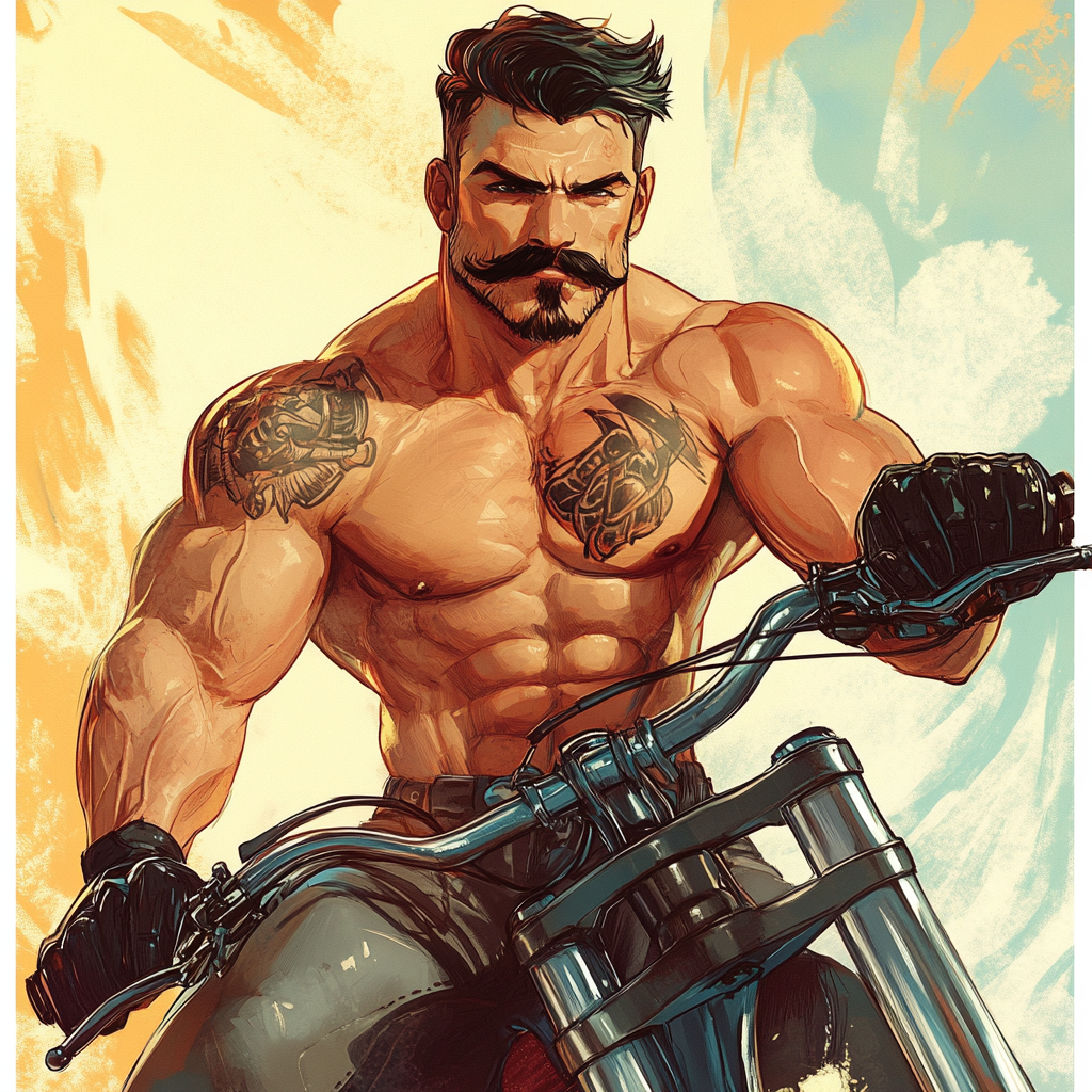 Muscular biker with mustaches in Tom of Finland style.