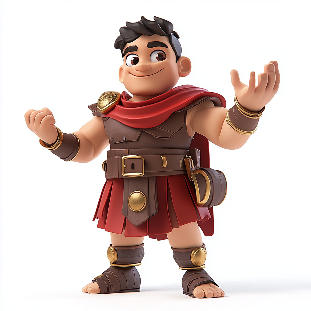 Muscular cartoon character in gladiator costume for video game.