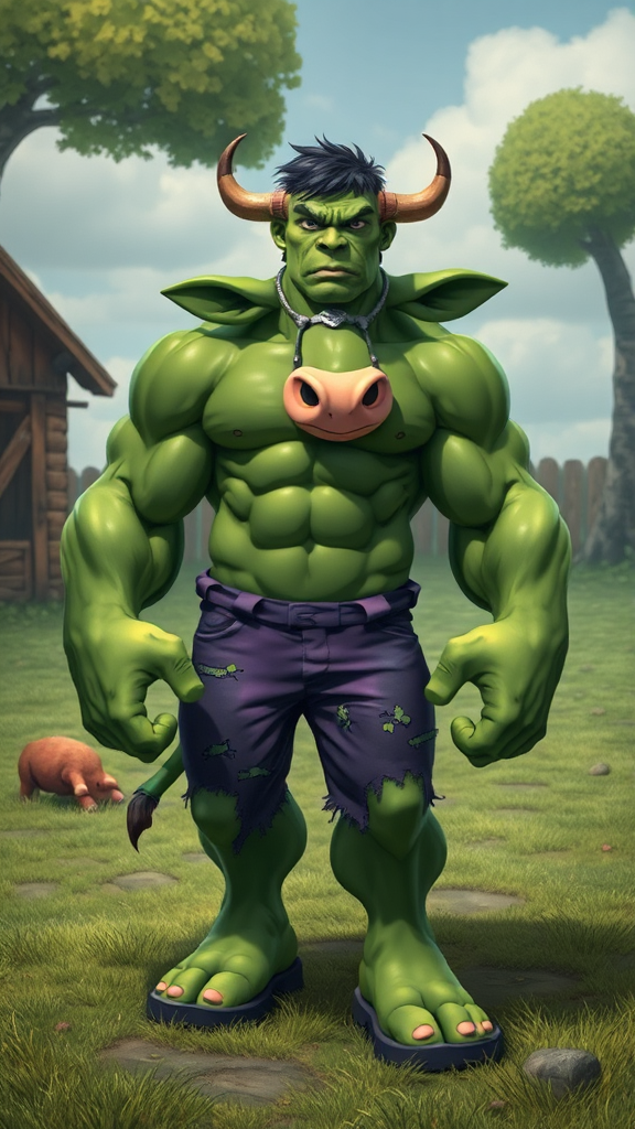 Muscular green cow, Hulk, in whimsical barnyard.