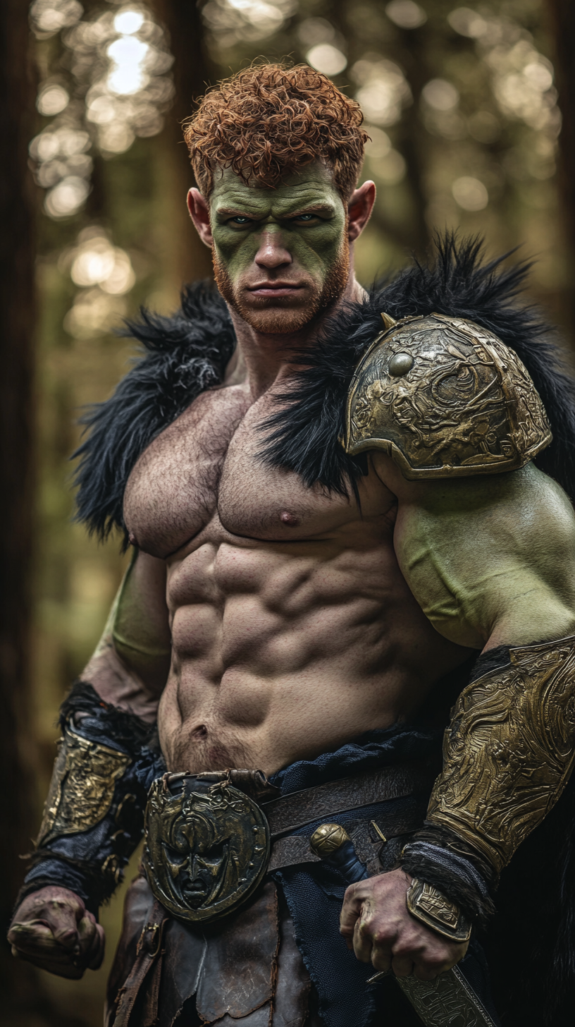 Muscular green orc flexing in forest