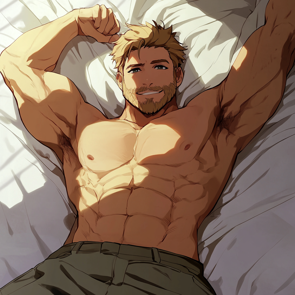 Muscular guy with scruffy hair on bed.