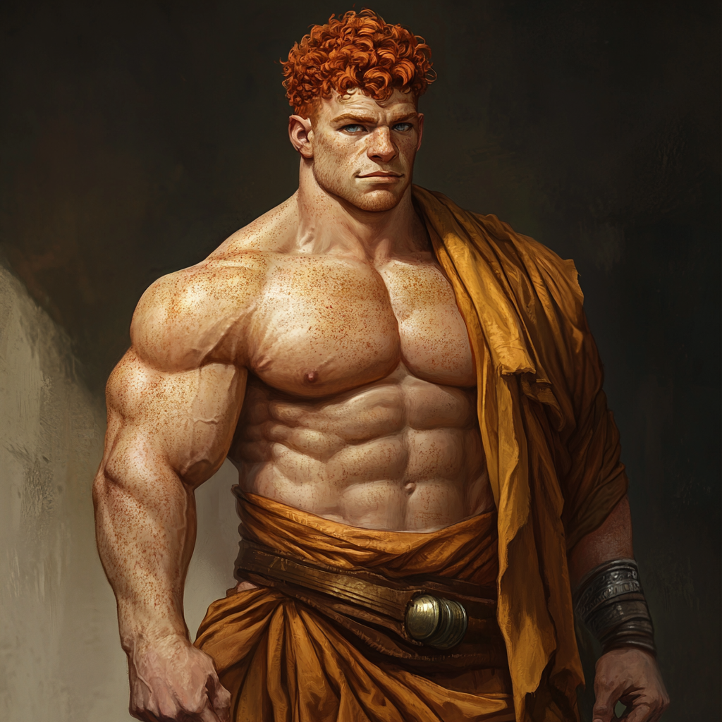 Muscular half-orc with red hair and freckles.