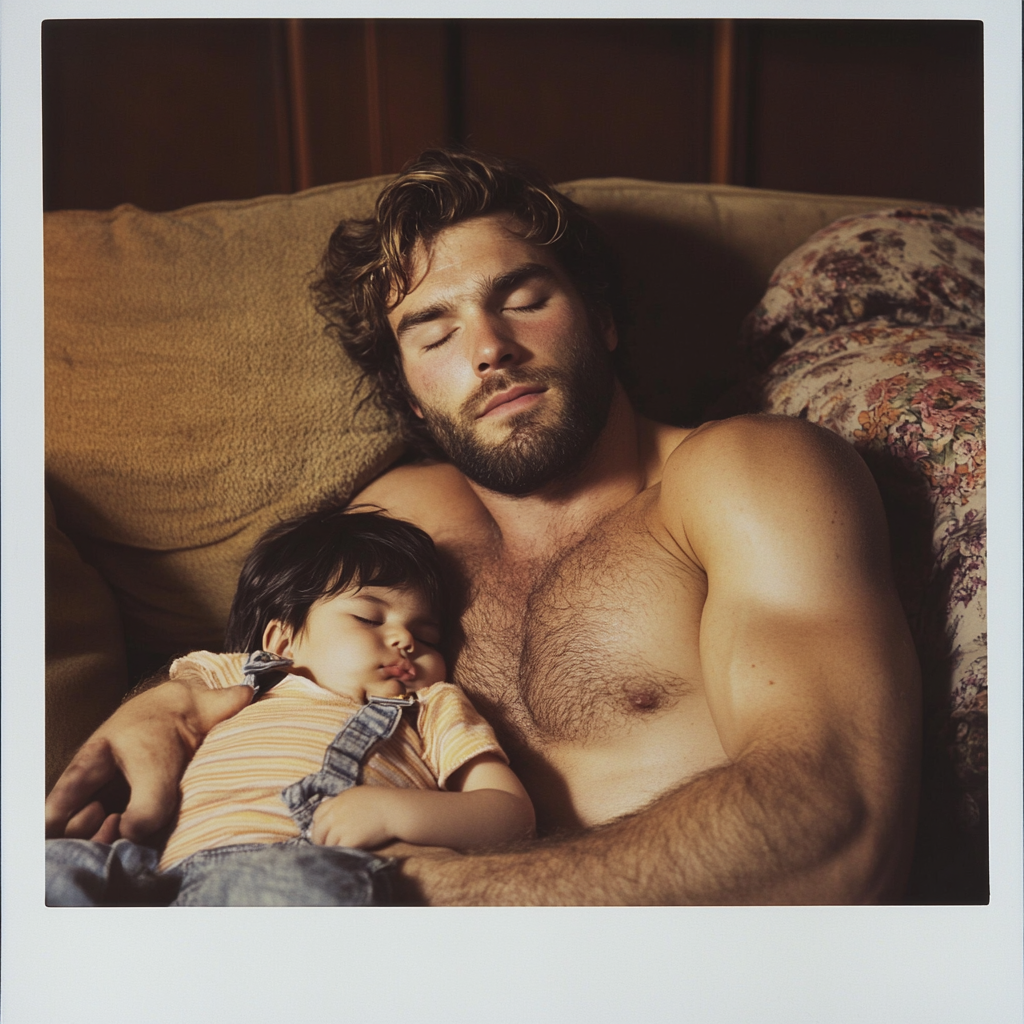 Muscular man asleep on couch with toddler son