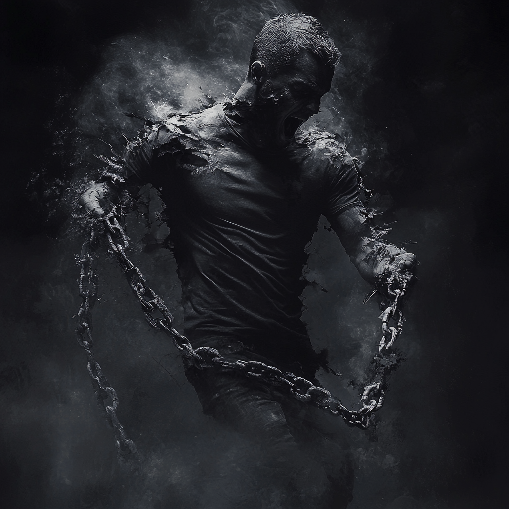 Muscular man breaking free from alter ego, chains broken.