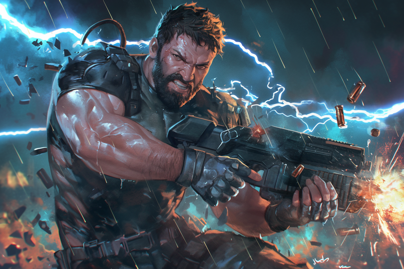 Muscular man firing machine gun in thunderstorm art style