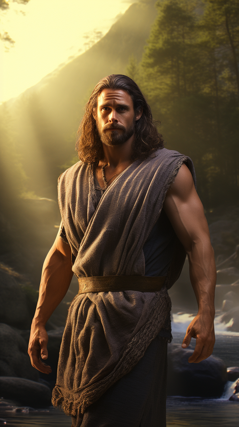 Muscular man in Bible-era forest, 3D-rendered and glowing.