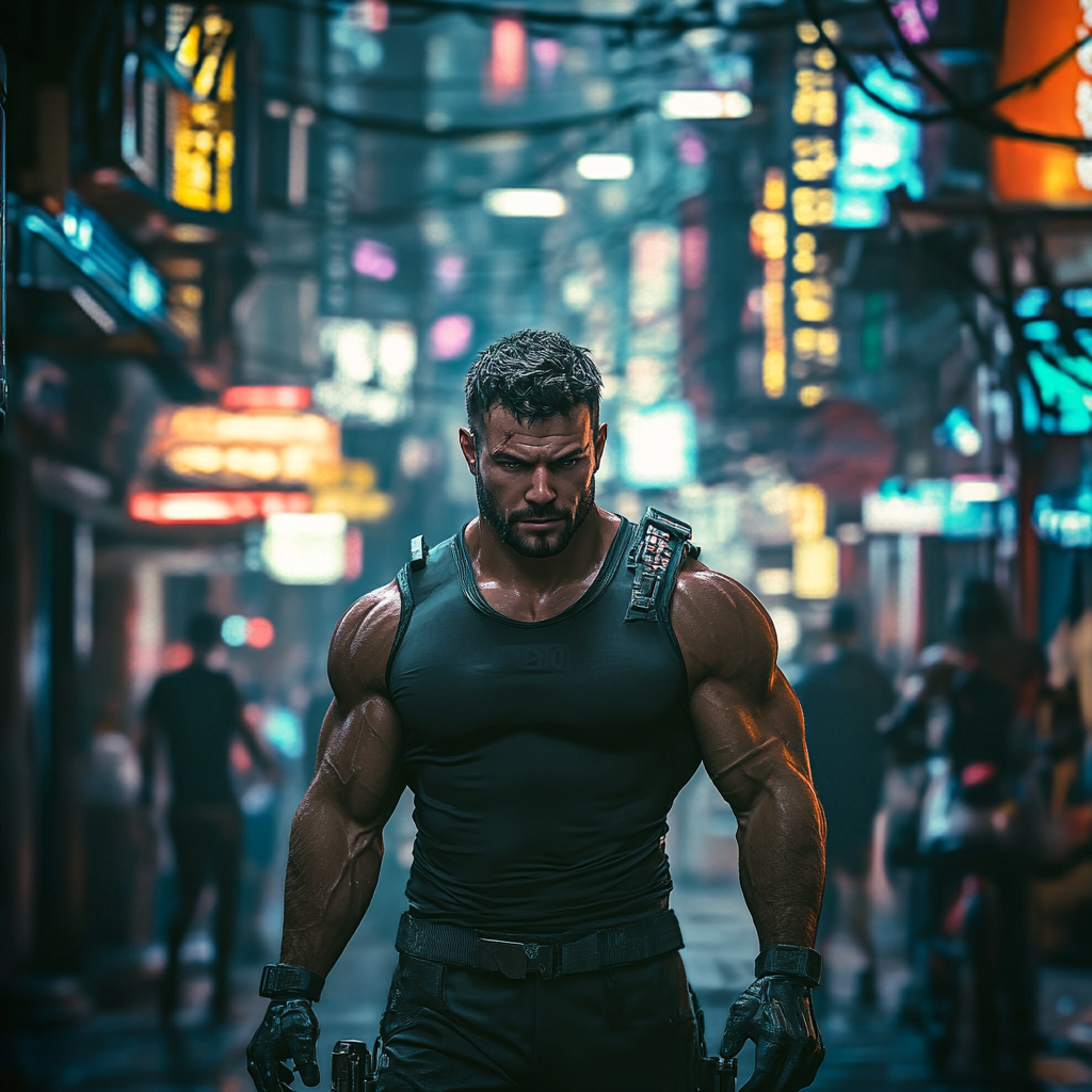 Muscular man in dark futuristic cityscape.