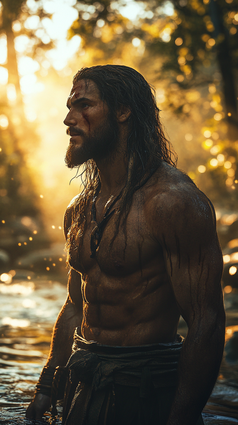 Muscular man in lush forest, glowing golden hour light.