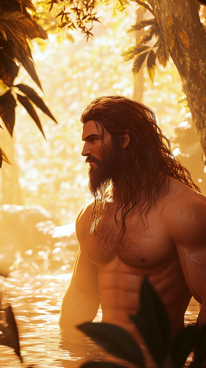 Muscular man in lush forest, golden hour glow.