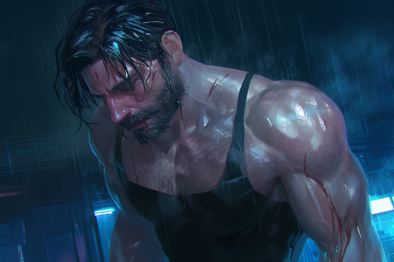 Muscular man in stormy town, horror art style.