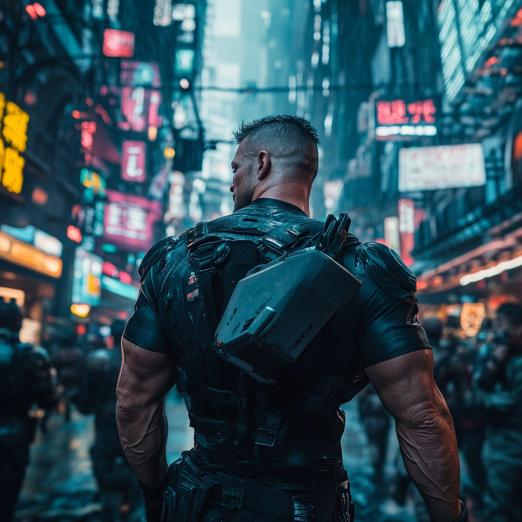 Muscular man walking in futuristic city street, cinematic lighting