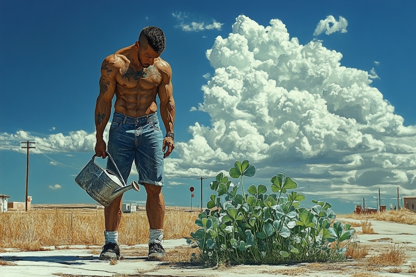 Muscular man watering big clover in surrealistic painting.