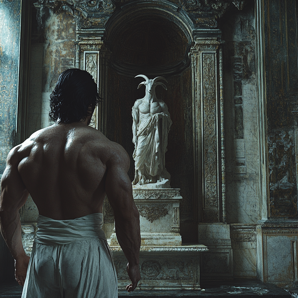 Muscular man with black hair approaches goat statue.