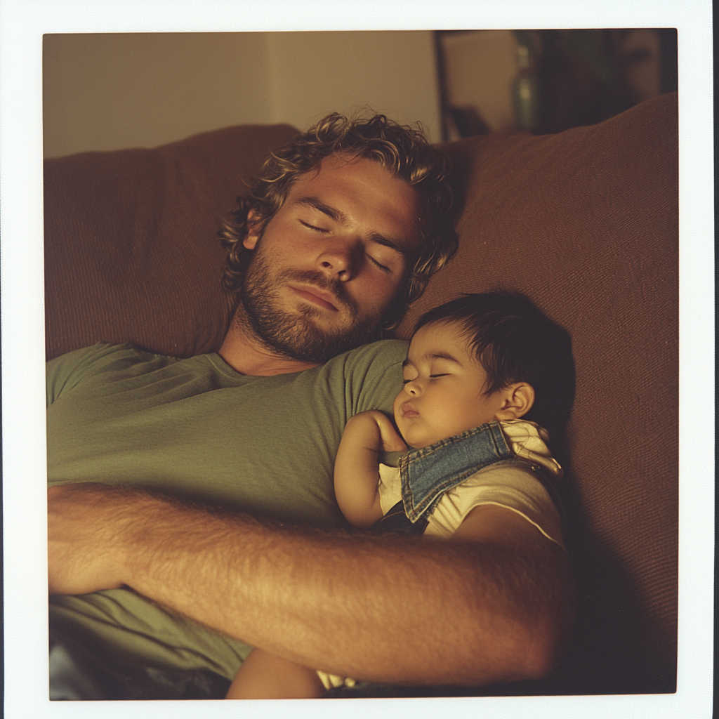 Muscular man with toddler asleep on chest Polaroid photo