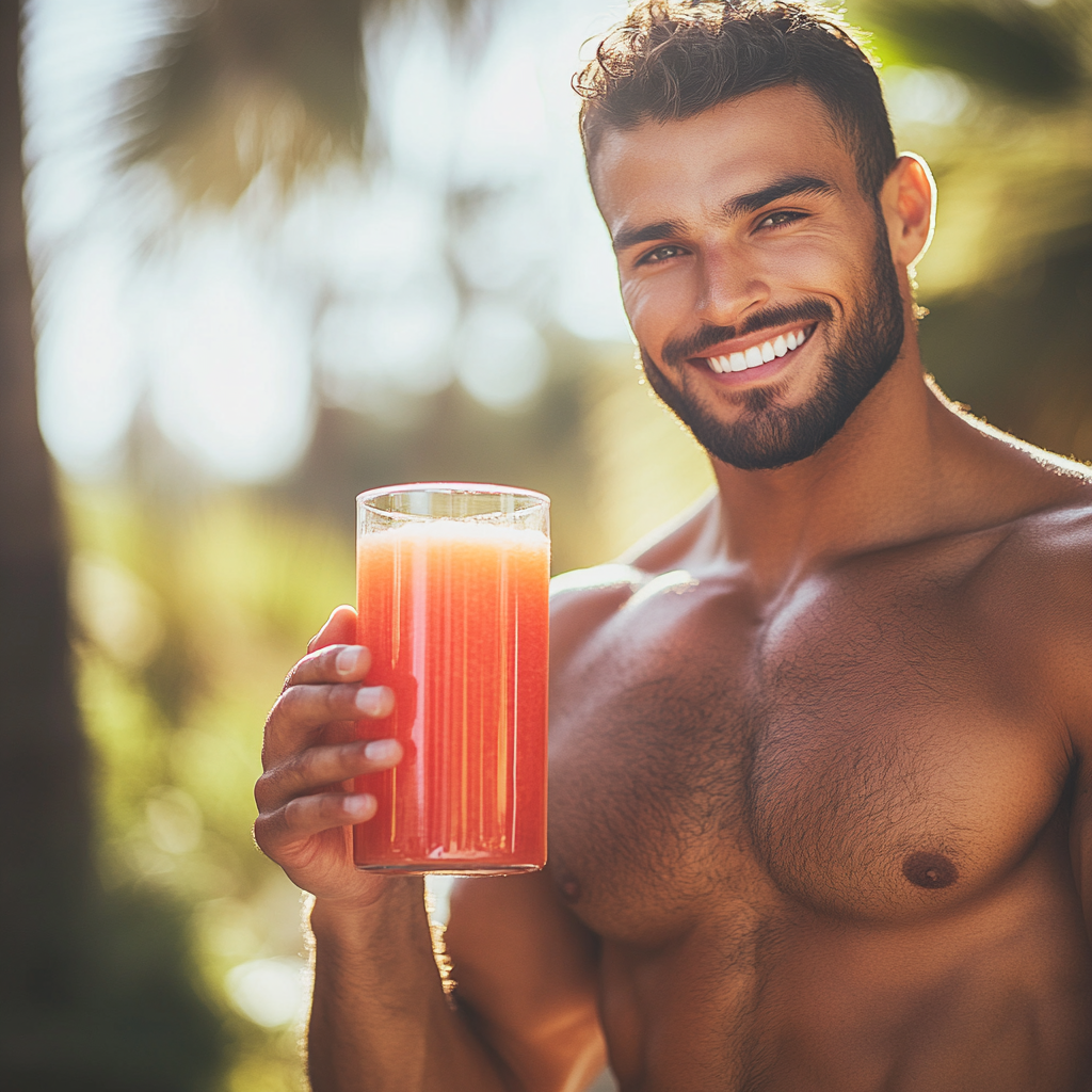 Muscular man with watermelon juice, sunny day setting.