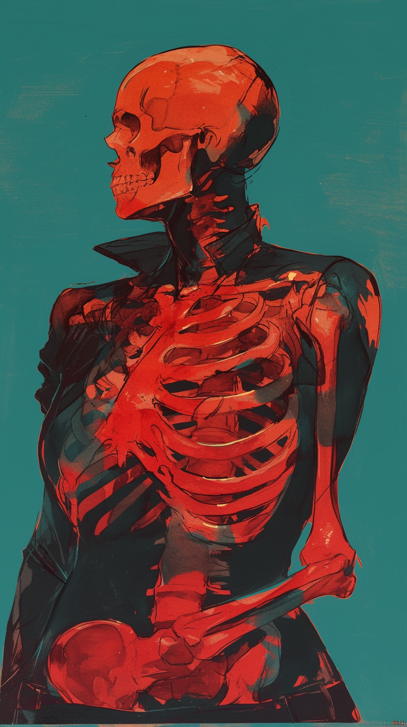 Muscular model in blue with red skeleton drawing.