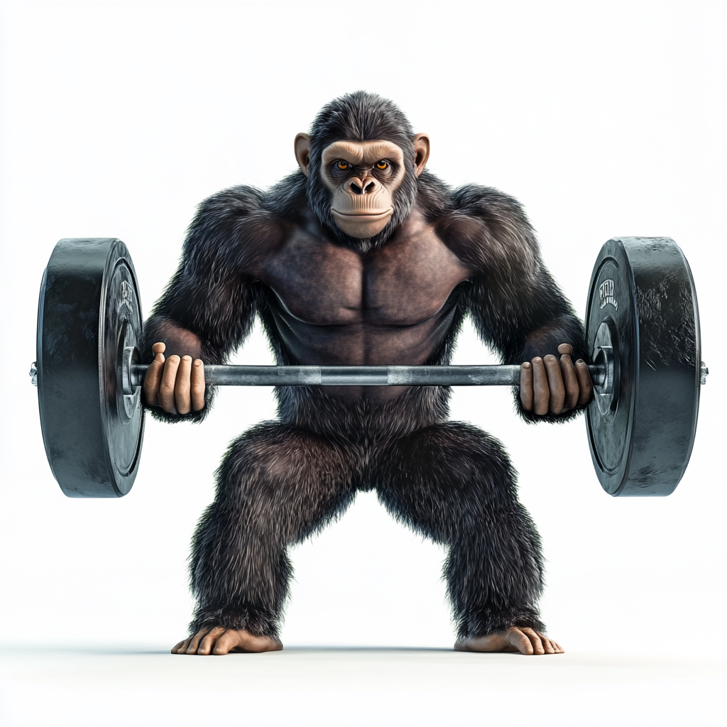 Muscular monkey lifting weights in vector style.