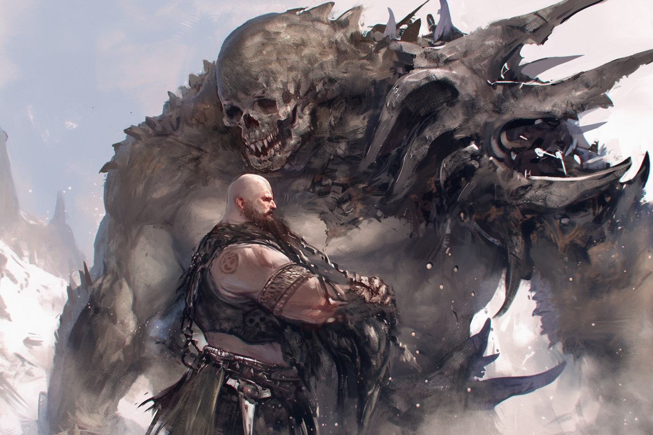 Muscular monster in bone armor holding bald man horror.