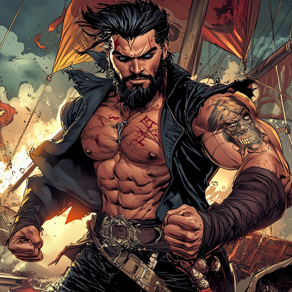 Muscular pirate captain in epic ship battle scene