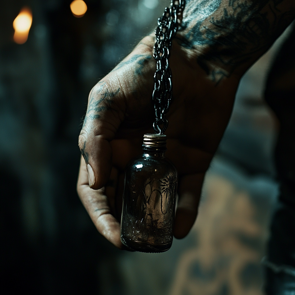 Muscular tattooed arm holds tiny bottle underground.