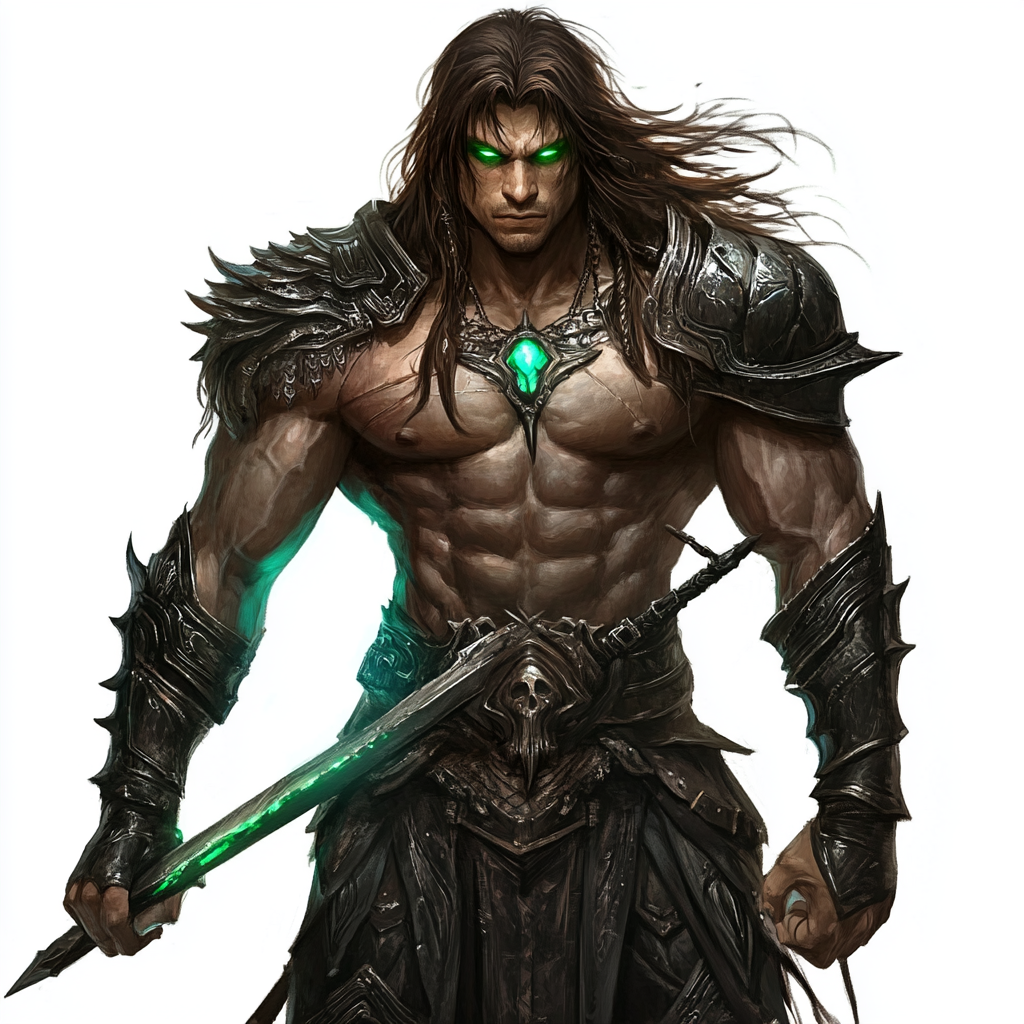 Muscular warrior in sleek armor with spear glaring fiercely