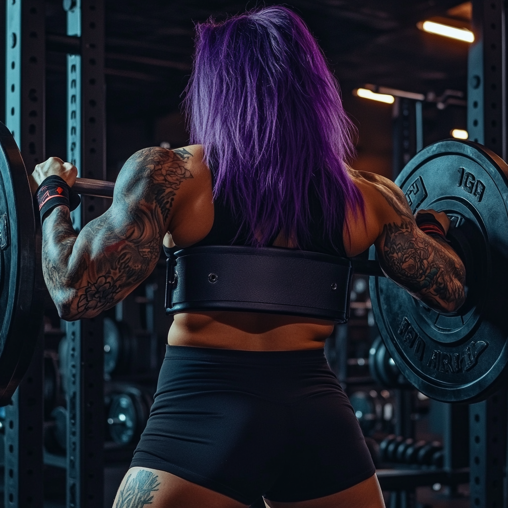 Muscular woman in gym wears leather weight lifting belt.