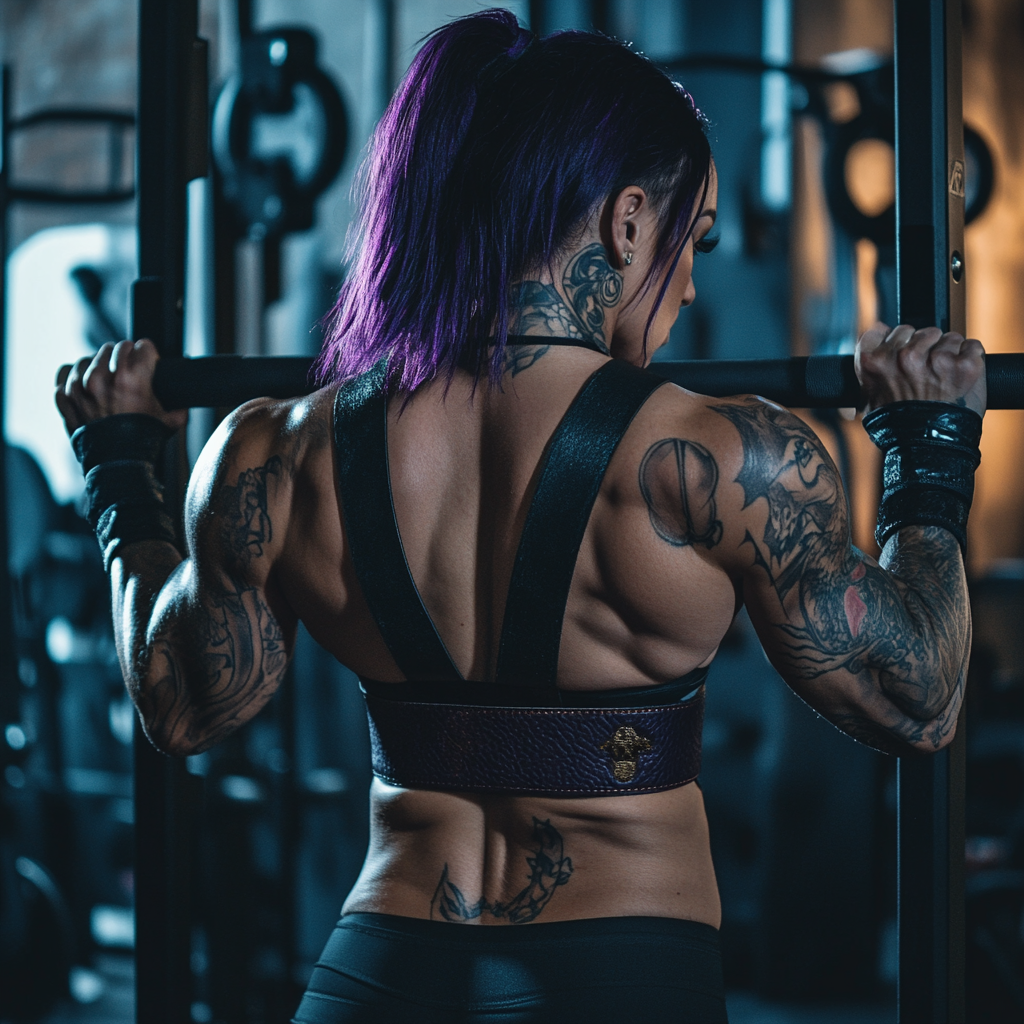 Muscular woman with purple hair doing weighted squats.