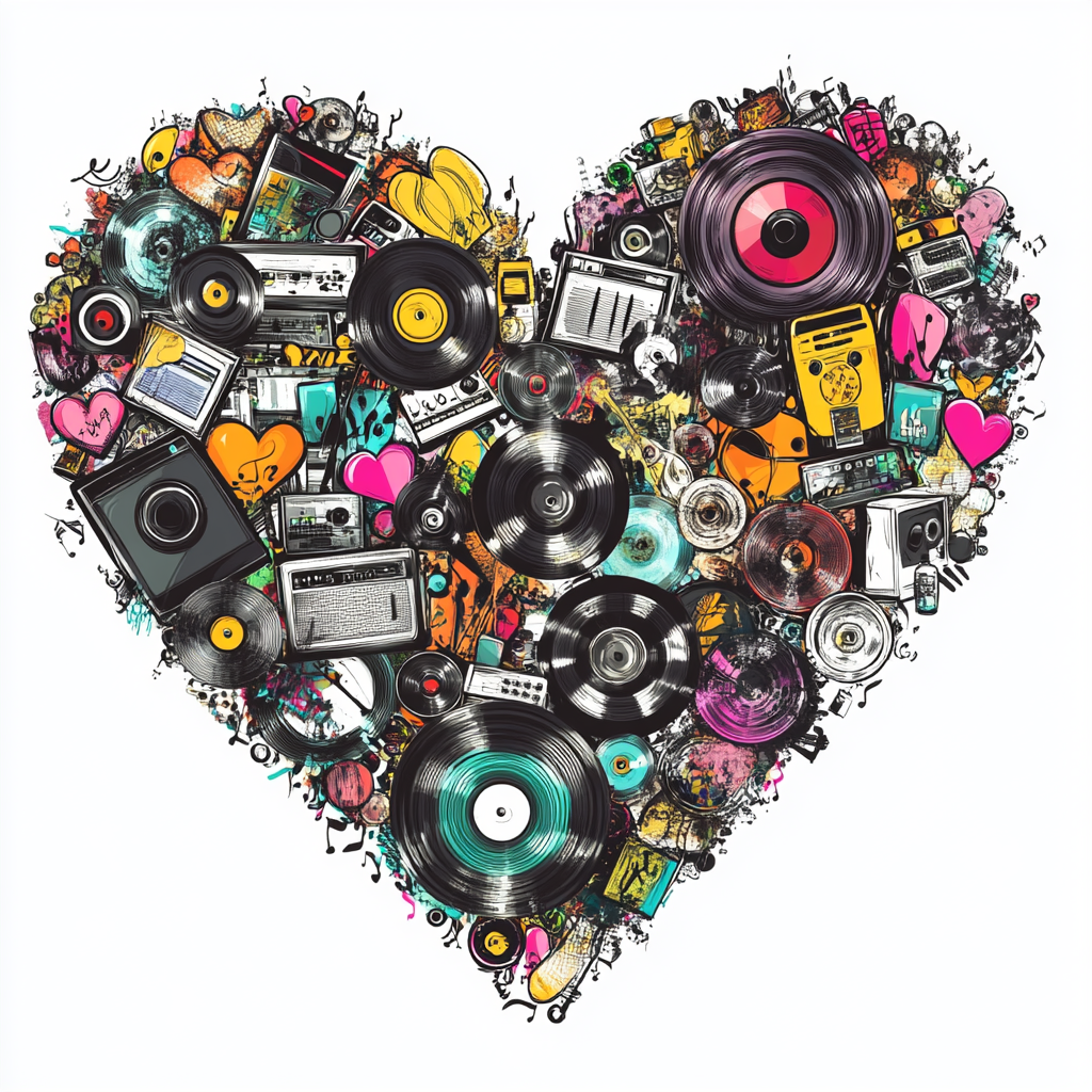 Music Collage: Vinyl Records, Speakers, Graffiti Spray Cans