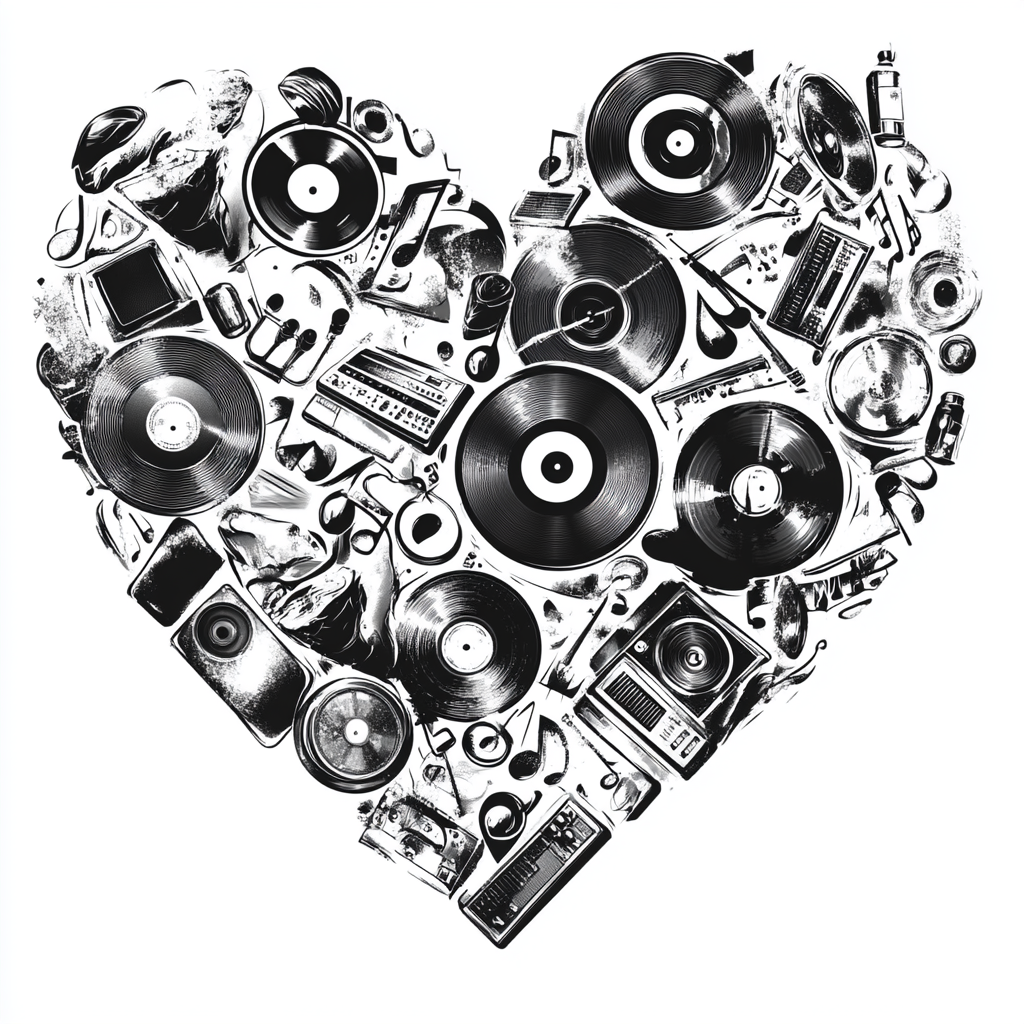 Musical Collage Vector Art with Vinyl Records, Speakers, Turntables