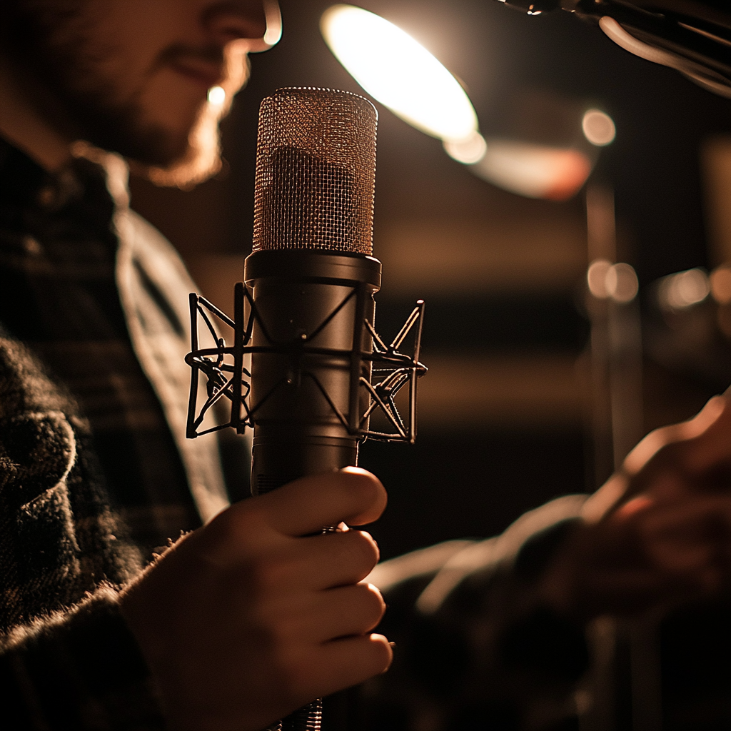 Musician with microphone in cinematic studio session