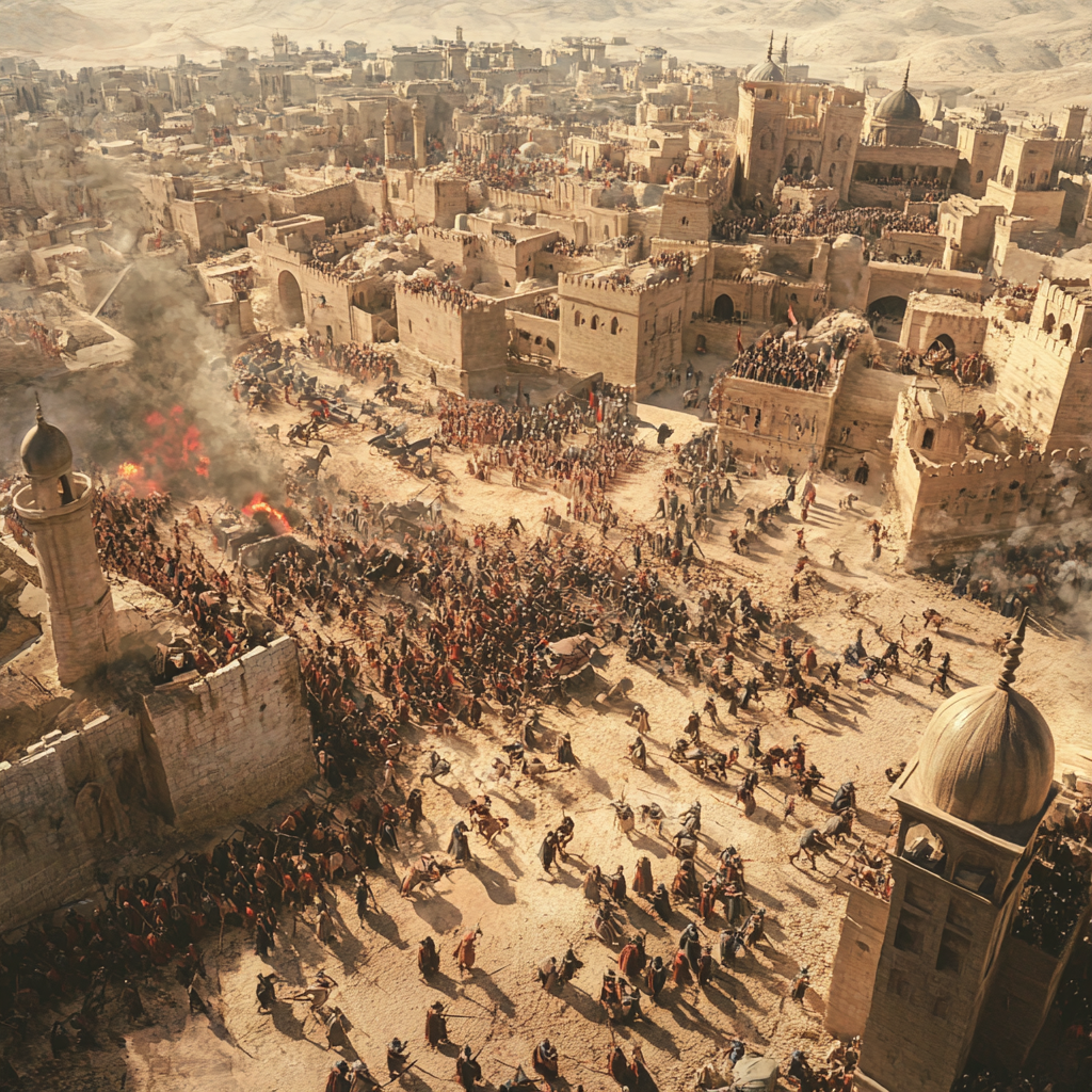 Muslim army attacks Crusaders at Battle of Arsūf. Drone view.