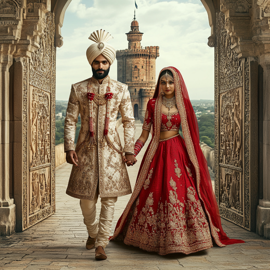 Muslim groom and bride heading to ivory castle