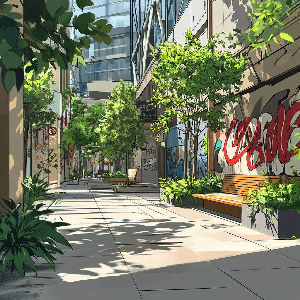 Muted, harmonious color palette reflects cleanliness in urban scene.