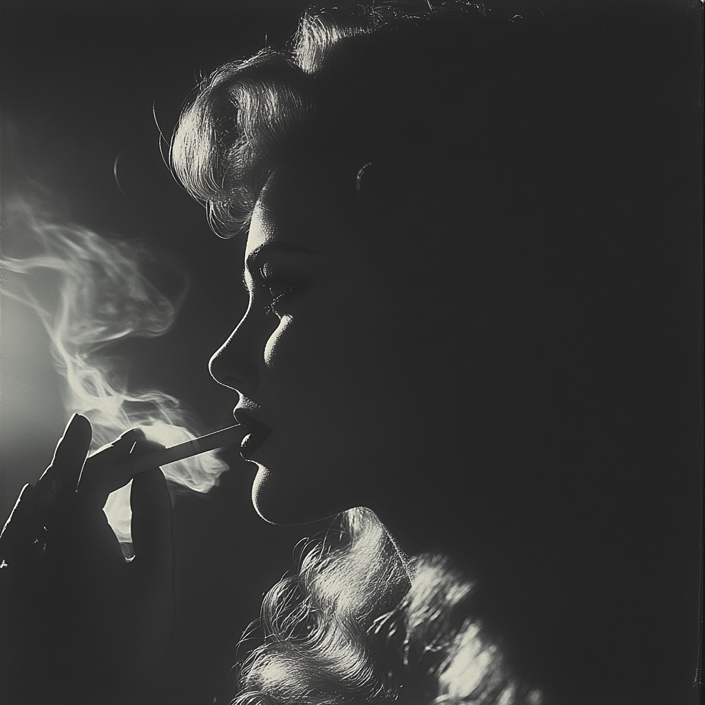 Mysterious 1950s Actress with Cigarette in Shadows