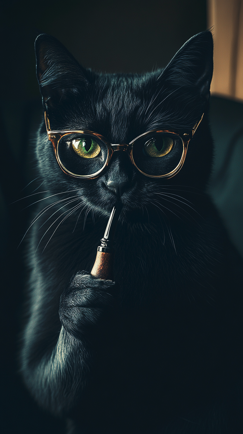 Mysterious Black Cat with Pipe in Dark Room